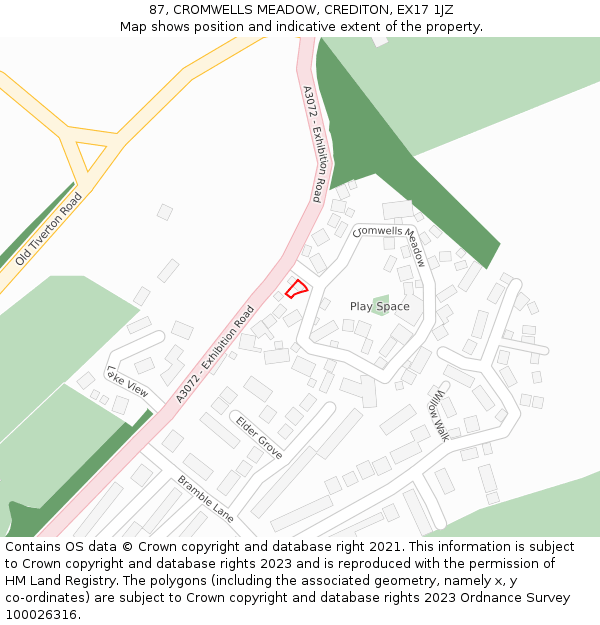 87, CROMWELLS MEADOW, CREDITON, EX17 1JZ: Location map and indicative extent of plot