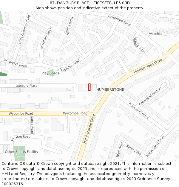 87, DANBURY PLACE, LEICESTER, LE5 0BB: Location map and indicative extent of plot