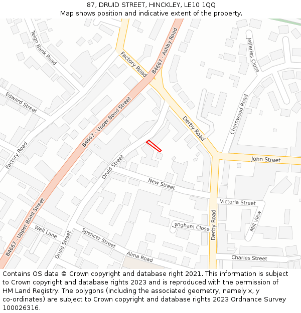 87, DRUID STREET, HINCKLEY, LE10 1QQ: Location map and indicative extent of plot