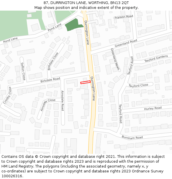 87, DURRINGTON LANE, WORTHING, BN13 2QT: Location map and indicative extent of plot