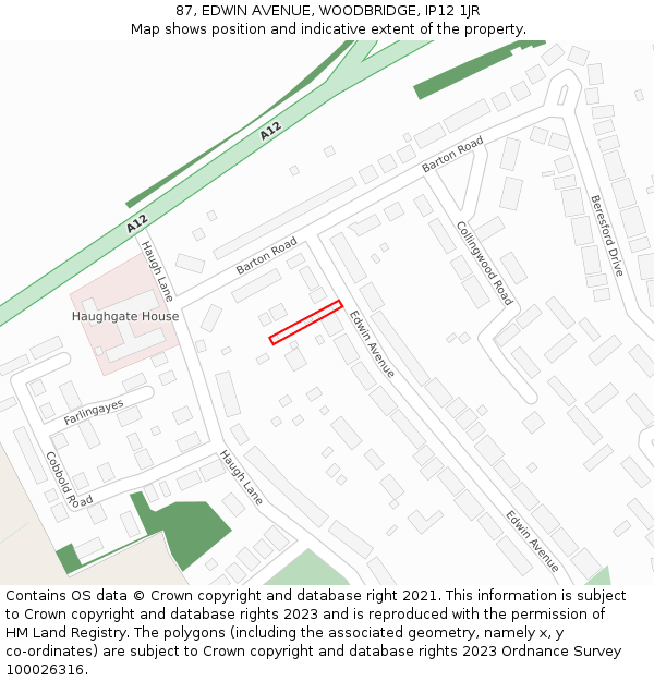 87, EDWIN AVENUE, WOODBRIDGE, IP12 1JR: Location map and indicative extent of plot