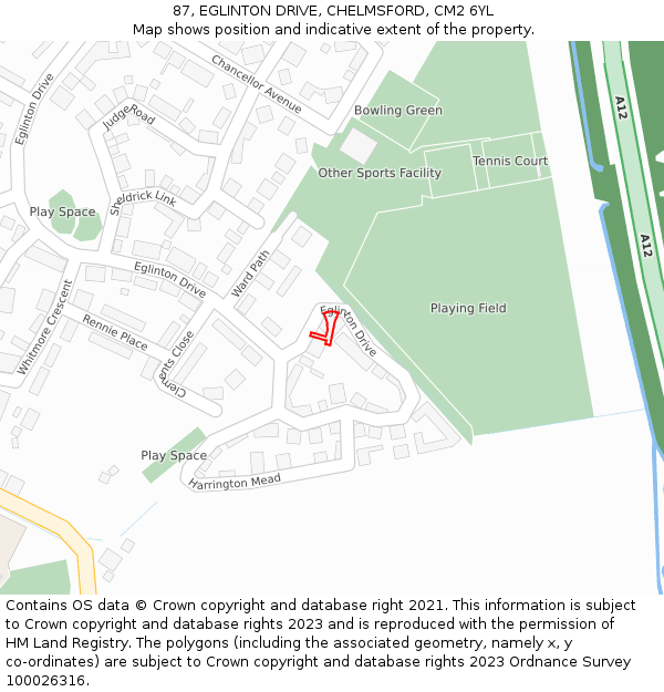 87, EGLINTON DRIVE, CHELMSFORD, CM2 6YL: Location map and indicative extent of plot