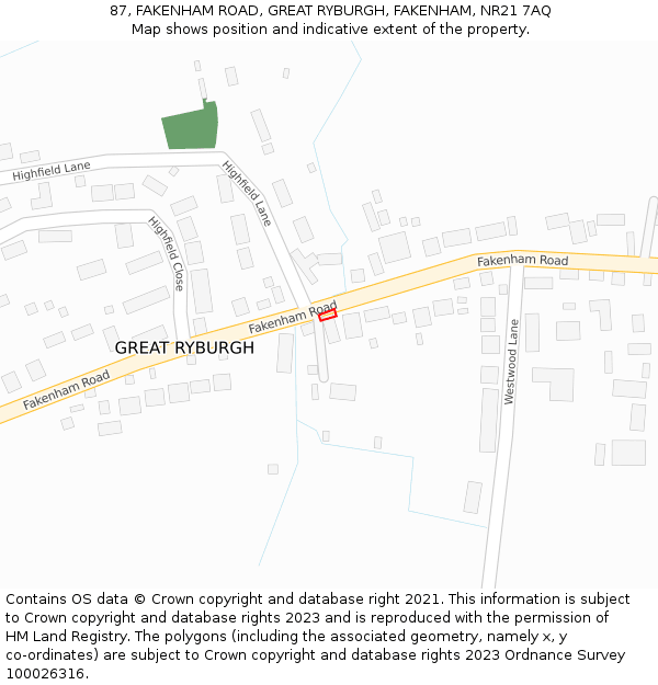 87, FAKENHAM ROAD, GREAT RYBURGH, FAKENHAM, NR21 7AQ: Location map and indicative extent of plot