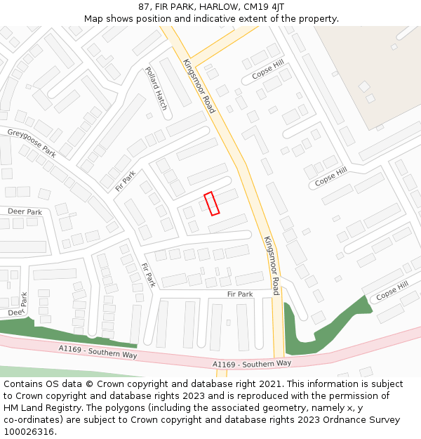 87, FIR PARK, HARLOW, CM19 4JT: Location map and indicative extent of plot