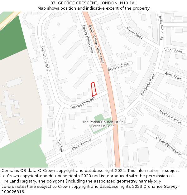 87, GEORGE CRESCENT, LONDON, N10 1AL: Location map and indicative extent of plot