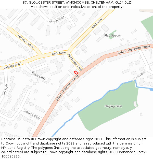87, GLOUCESTER STREET, WINCHCOMBE, CHELTENHAM, GL54 5LZ: Location map and indicative extent of plot