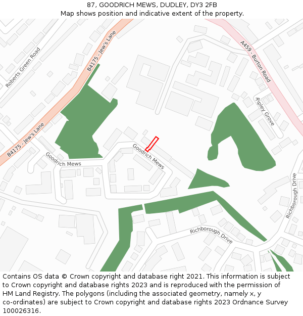 87, GOODRICH MEWS, DUDLEY, DY3 2FB: Location map and indicative extent of plot