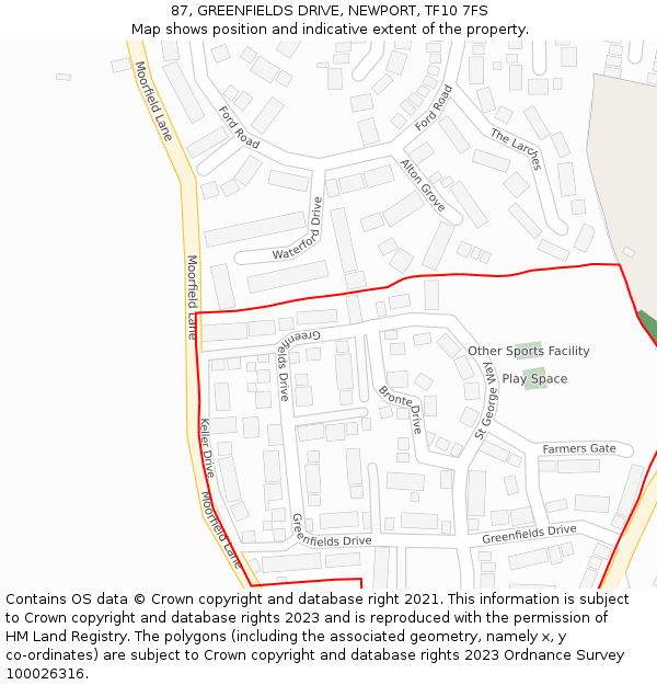 87, GREENFIELDS DRIVE, NEWPORT, TF10 7FS: Location map and indicative extent of plot