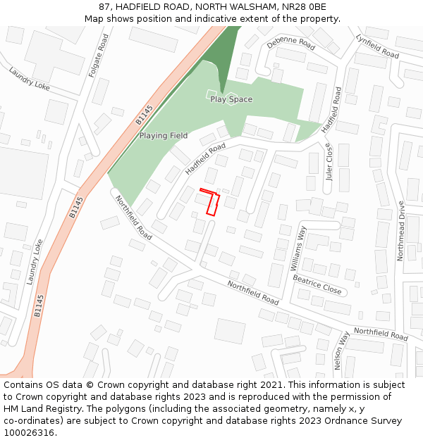 87, HADFIELD ROAD, NORTH WALSHAM, NR28 0BE: Location map and indicative extent of plot