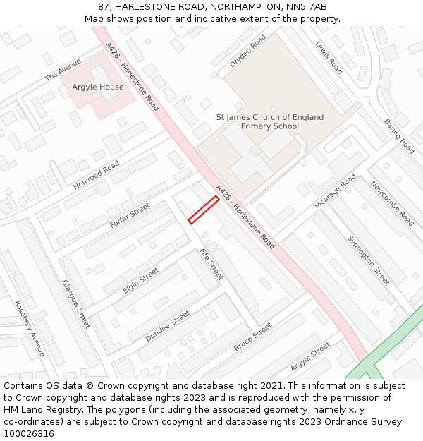 87, HARLESTONE ROAD, NORTHAMPTON, NN5 7AB: Location map and indicative extent of plot