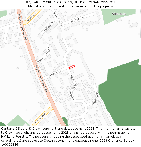 87, HARTLEY GREEN GARDENS, BILLINGE, WIGAN, WN5 7GB: Location map and indicative extent of plot
