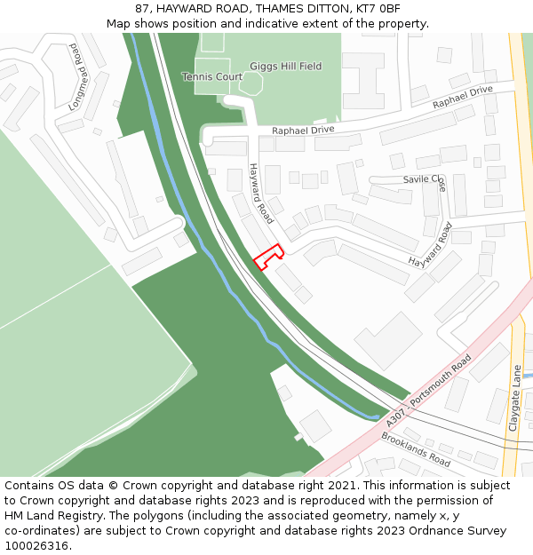 87, HAYWARD ROAD, THAMES DITTON, KT7 0BF: Location map and indicative extent of plot