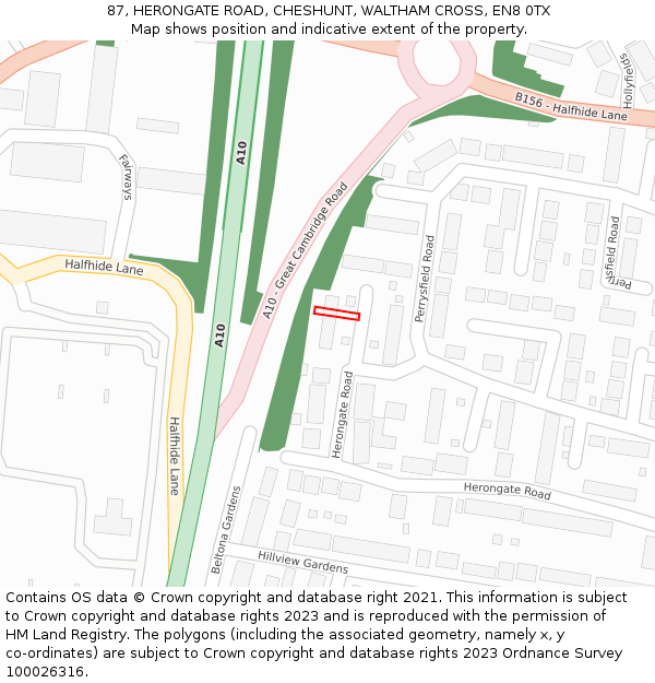 87, HERONGATE ROAD, CHESHUNT, WALTHAM CROSS, EN8 0TX: Location map and indicative extent of plot