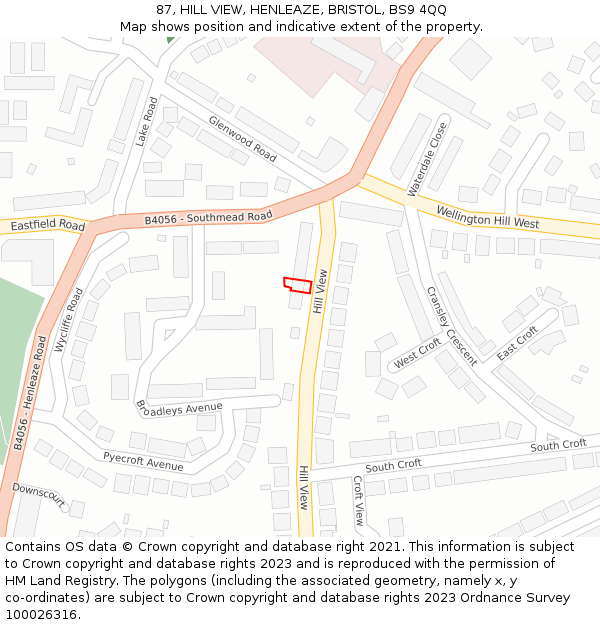 87, HILL VIEW, HENLEAZE, BRISTOL, BS9 4QQ: Location map and indicative extent of plot