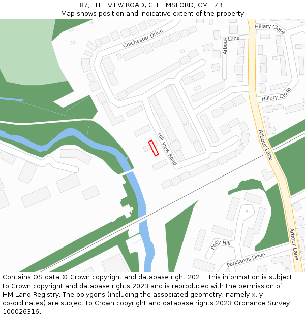 87, HILL VIEW ROAD, CHELMSFORD, CM1 7RT: Location map and indicative extent of plot