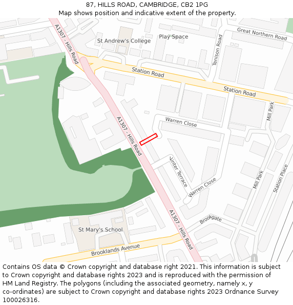 87, HILLS ROAD, CAMBRIDGE, CB2 1PG: Location map and indicative extent of plot