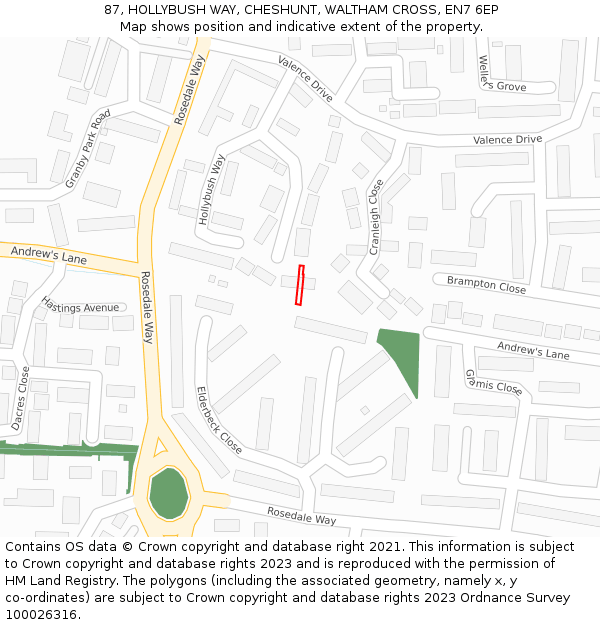 87, HOLLYBUSH WAY, CHESHUNT, WALTHAM CROSS, EN7 6EP: Location map and indicative extent of plot