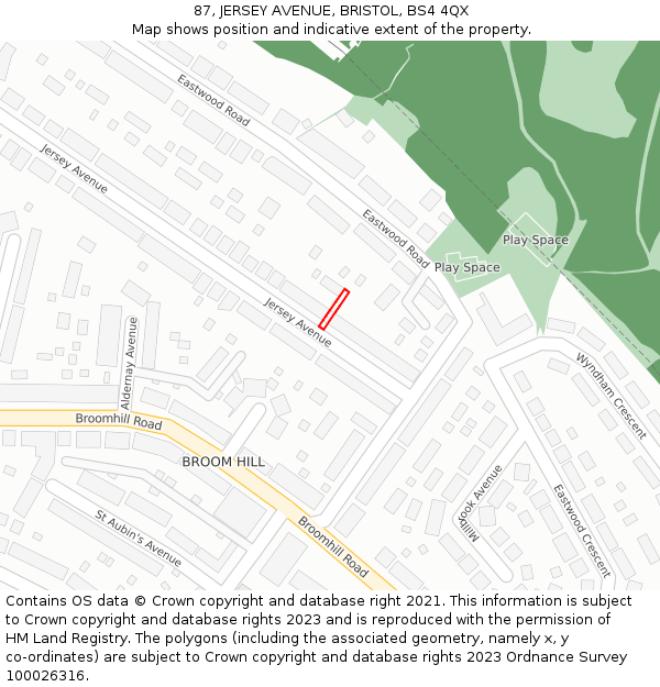 87, JERSEY AVENUE, BRISTOL, BS4 4QX: Location map and indicative extent of plot