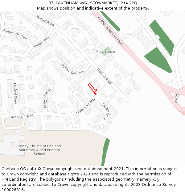 87, LAVENHAM WAY, STOWMARKET, IP14 2PQ: Location map and indicative extent of plot