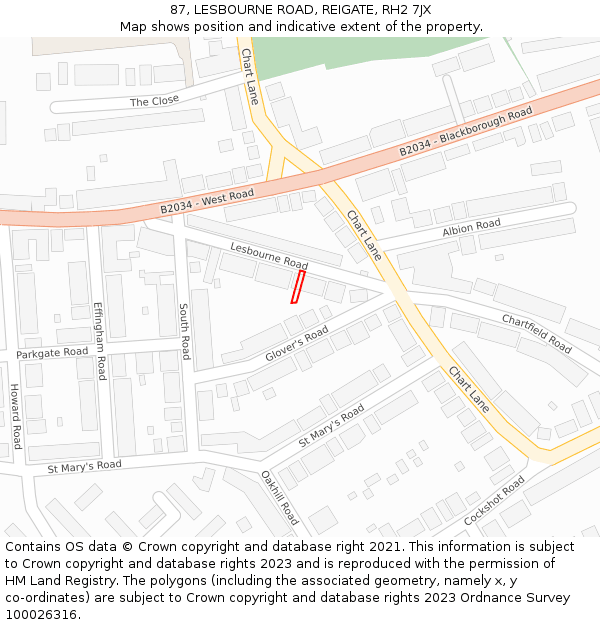 87, LESBOURNE ROAD, REIGATE, RH2 7JX: Location map and indicative extent of plot
