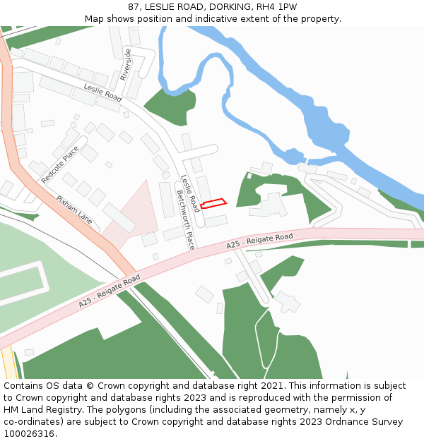87, LESLIE ROAD, DORKING, RH4 1PW: Location map and indicative extent of plot