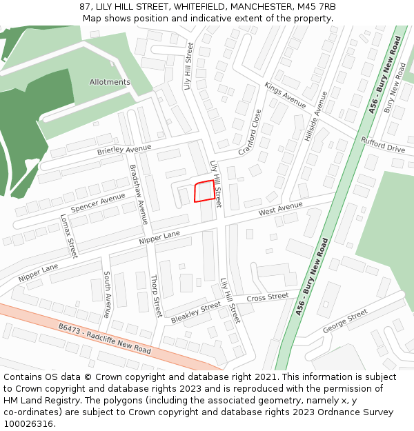 87, LILY HILL STREET, WHITEFIELD, MANCHESTER, M45 7RB: Location map and indicative extent of plot