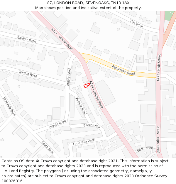 87, LONDON ROAD, SEVENOAKS, TN13 1AX: Location map and indicative extent of plot