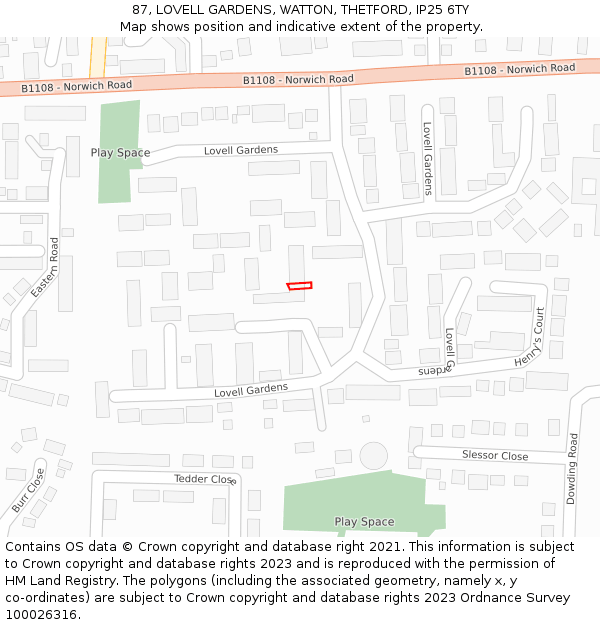 87, LOVELL GARDENS, WATTON, THETFORD, IP25 6TY: Location map and indicative extent of plot