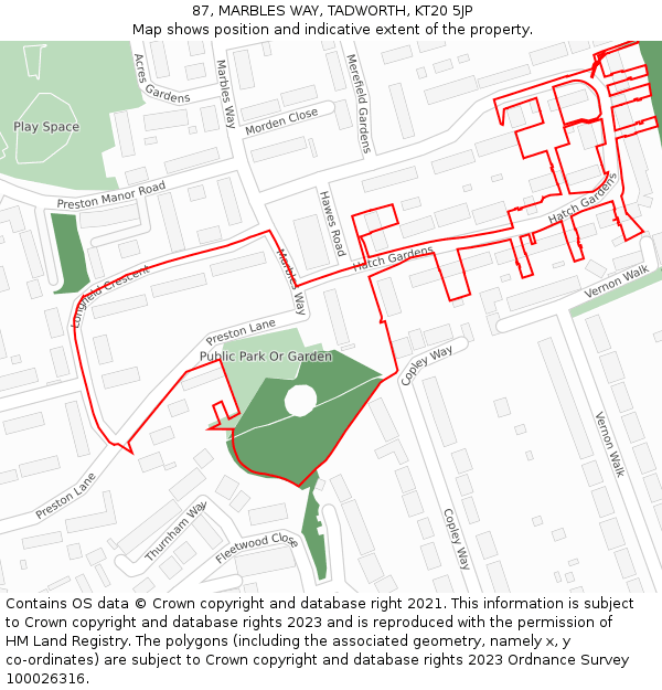 87, MARBLES WAY, TADWORTH, KT20 5JP: Location map and indicative extent of plot