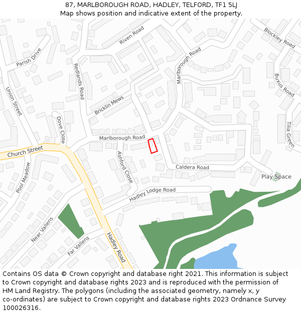 87, MARLBOROUGH ROAD, HADLEY, TELFORD, TF1 5LJ: Location map and indicative extent of plot