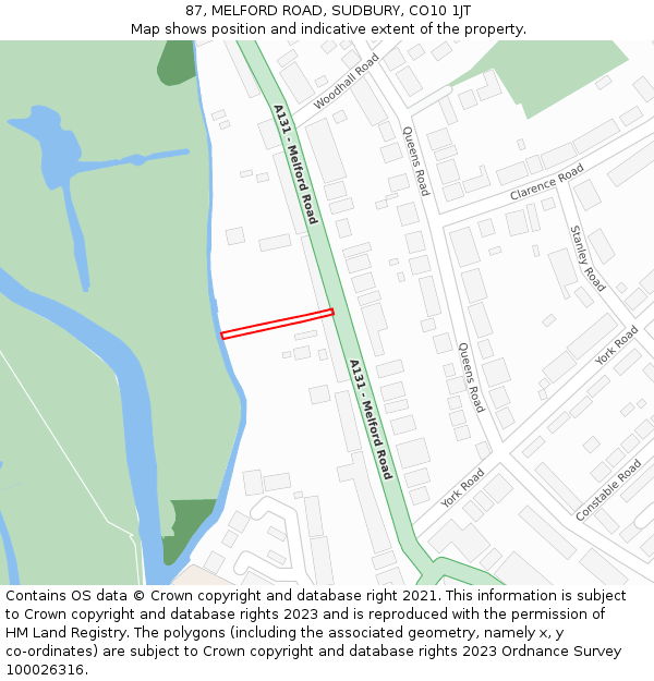87, MELFORD ROAD, SUDBURY, CO10 1JT: Location map and indicative extent of plot
