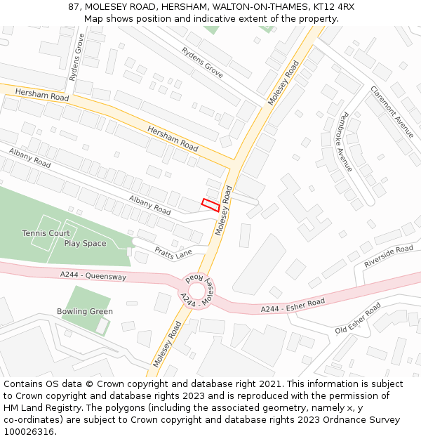 87, MOLESEY ROAD, HERSHAM, WALTON-ON-THAMES, KT12 4RX: Location map and indicative extent of plot