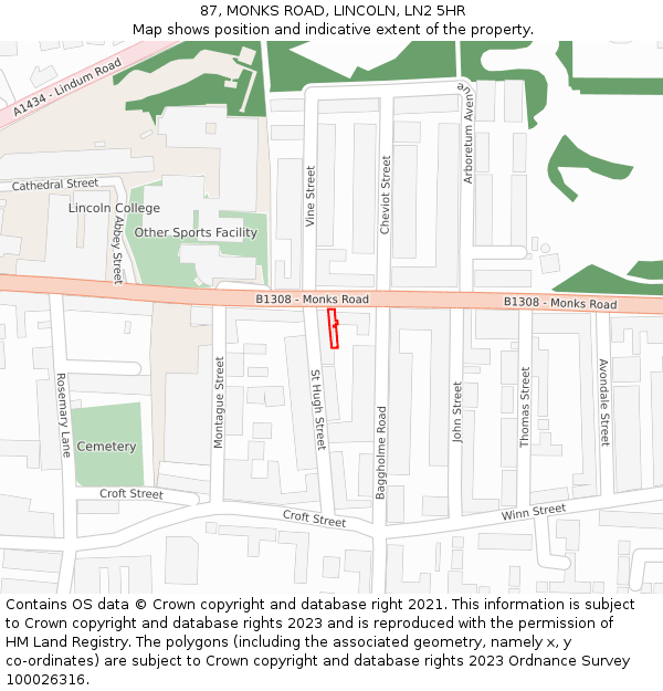 87, MONKS ROAD, LINCOLN, LN2 5HR: Location map and indicative extent of plot