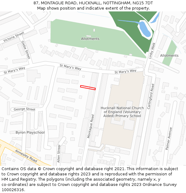 87, MONTAGUE ROAD, HUCKNALL, NOTTINGHAM, NG15 7DT: Location map and indicative extent of plot