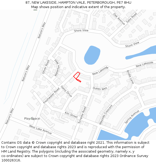 87, NEW LAKESIDE, HAMPTON VALE, PETERBOROUGH, PE7 8HU: Location map and indicative extent of plot