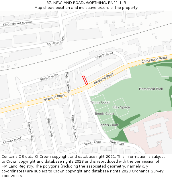 87, NEWLAND ROAD, WORTHING, BN11 1LB: Location map and indicative extent of plot
