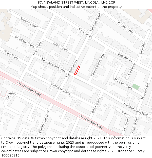 87, NEWLAND STREET WEST, LINCOLN, LN1 1QF: Location map and indicative extent of plot