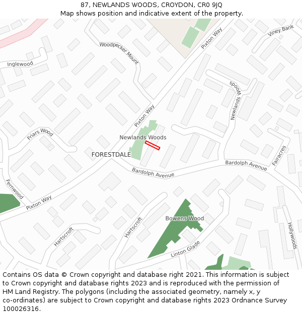 87, NEWLANDS WOODS, CROYDON, CR0 9JQ: Location map and indicative extent of plot