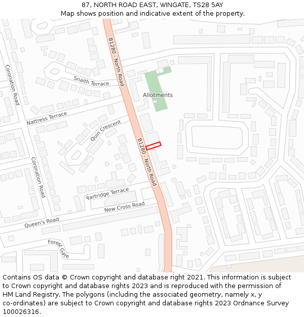 87, NORTH ROAD EAST, WINGATE, TS28 5AY: Location map and indicative extent of plot