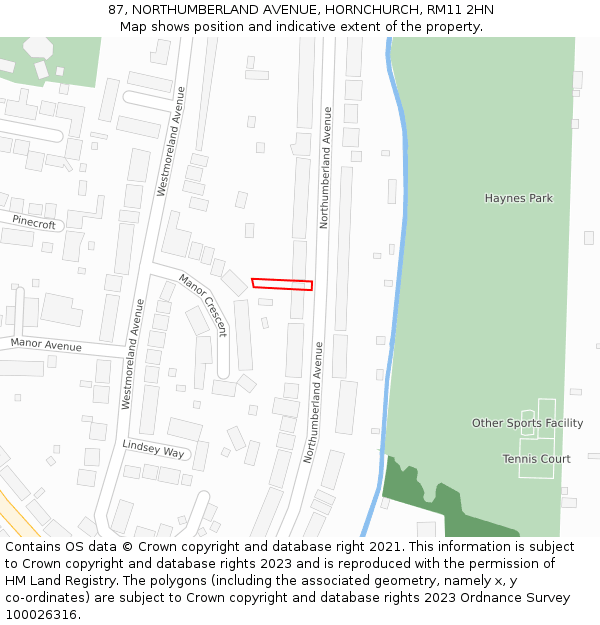 87, NORTHUMBERLAND AVENUE, HORNCHURCH, RM11 2HN: Location map and indicative extent of plot