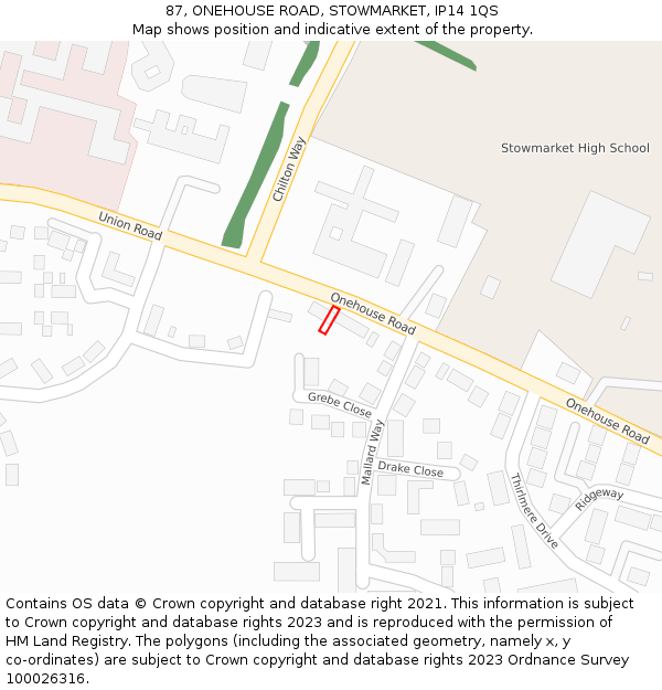 87, ONEHOUSE ROAD, STOWMARKET, IP14 1QS: Location map and indicative extent of plot