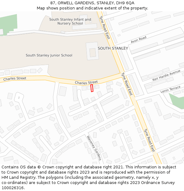 87, ORWELL GARDENS, STANLEY, DH9 6QA: Location map and indicative extent of plot