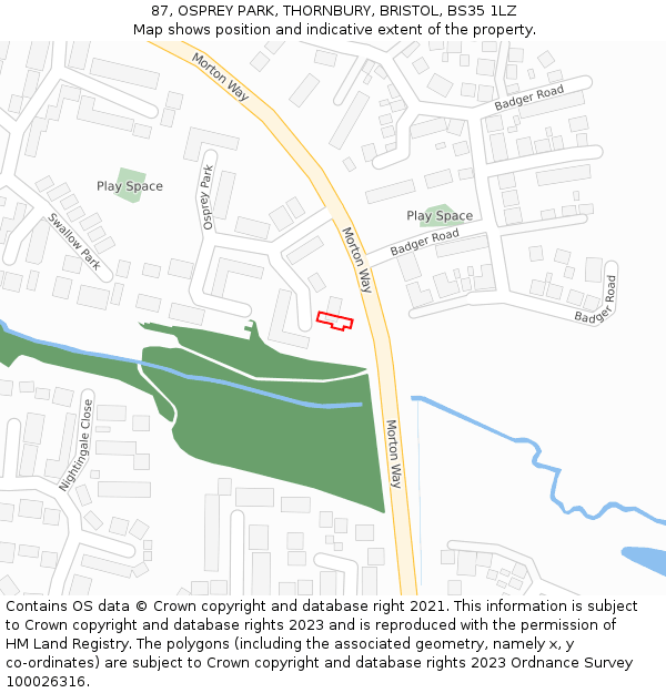 87, OSPREY PARK, THORNBURY, BRISTOL, BS35 1LZ: Location map and indicative extent of plot