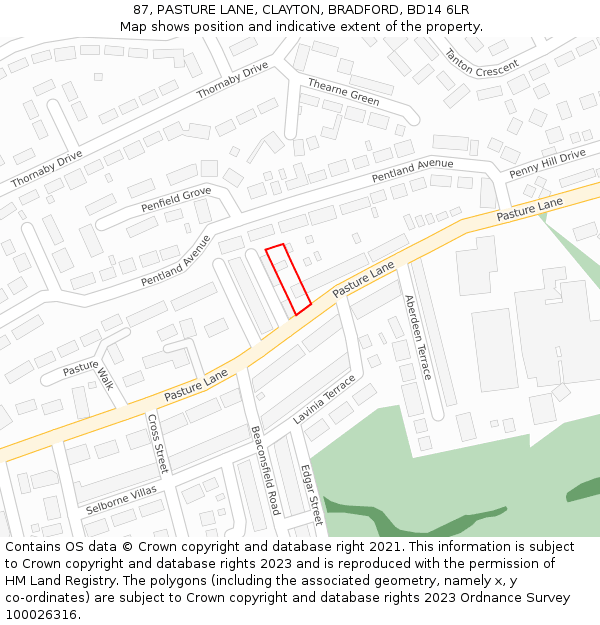 87, PASTURE LANE, CLAYTON, BRADFORD, BD14 6LR: Location map and indicative extent of plot