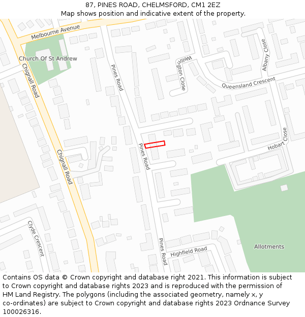 87, PINES ROAD, CHELMSFORD, CM1 2EZ: Location map and indicative extent of plot