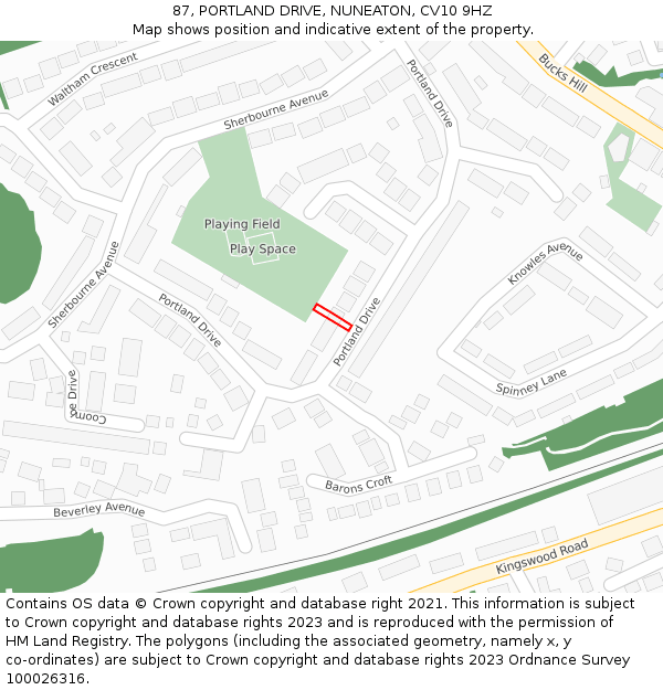 87, PORTLAND DRIVE, NUNEATON, CV10 9HZ: Location map and indicative extent of plot