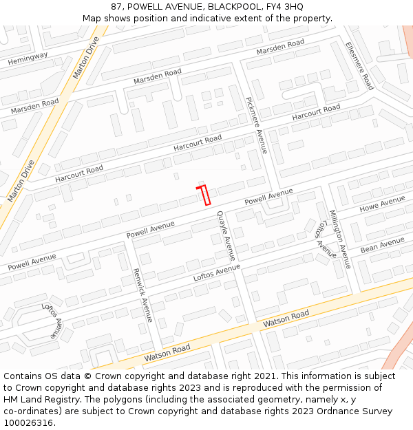 87, POWELL AVENUE, BLACKPOOL, FY4 3HQ: Location map and indicative extent of plot