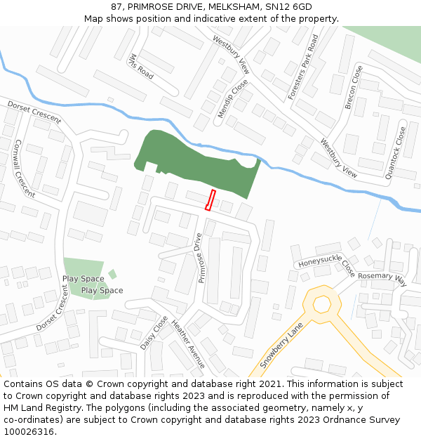 87, PRIMROSE DRIVE, MELKSHAM, SN12 6GD: Location map and indicative extent of plot