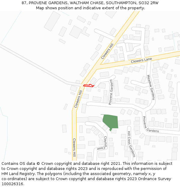 87, PROVENE GARDENS, WALTHAM CHASE, SOUTHAMPTON, SO32 2RW: Location map and indicative extent of plot