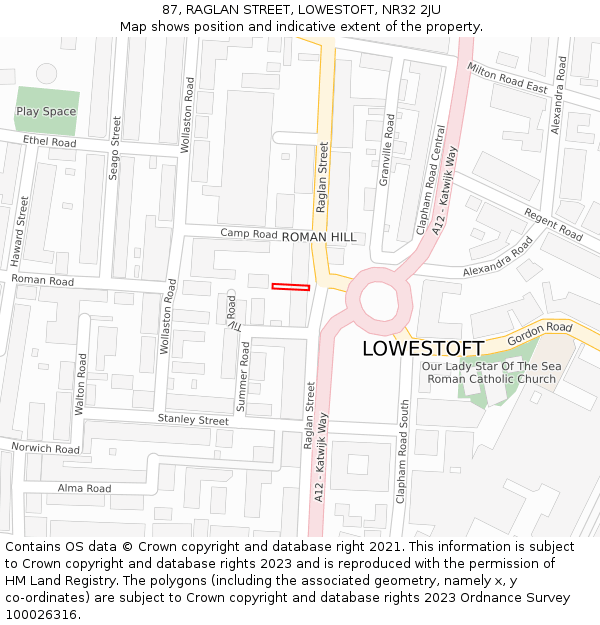 87, RAGLAN STREET, LOWESTOFT, NR32 2JU: Location map and indicative extent of plot